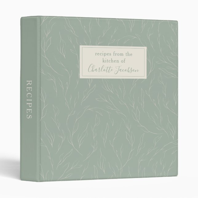 Rustic Sage Green Botanical Monogram Recipe  Binder (Front/Spine)