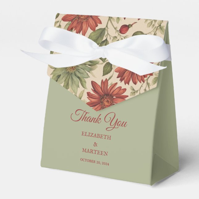 Rustic Sage Green & Burgundy Red Floral Autumn Favor Box (Front Side)