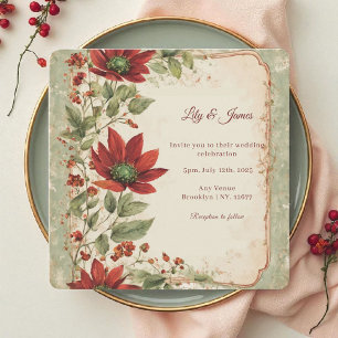 Rustic Sage Green & Burgundy Red Floral Autumn  Invitation