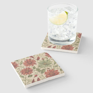 Rustic Sage Green & Burgundy Red Floral Autumn Stone Coaster