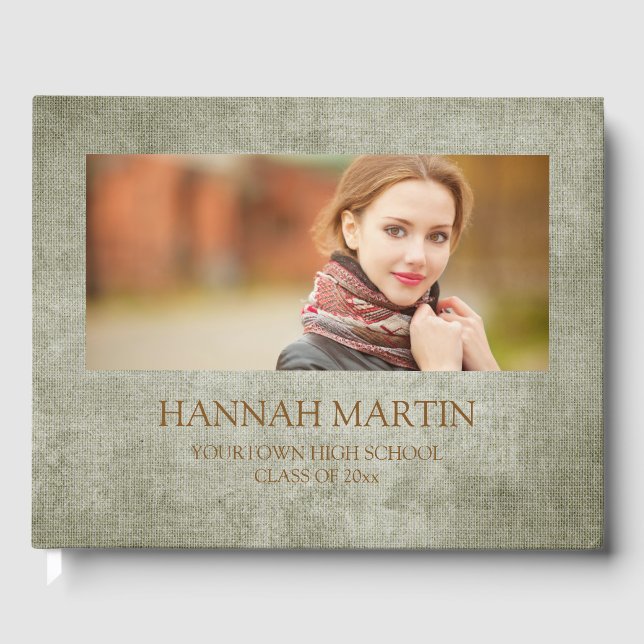 Rustic Sage Green Burlap Linen Graduation Guest Book (Front)