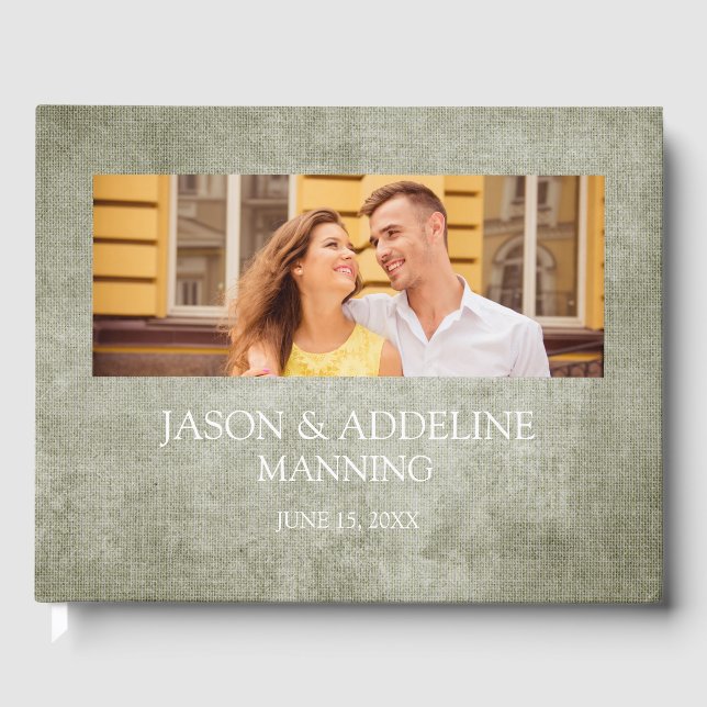 Rustic Sage Green Burlap Linen Two Photo Wedding Guest Book (Front)