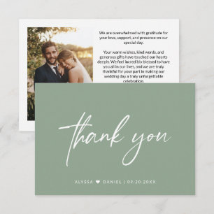 Rustic Sage Green casual Script wedding photo Thank You Card