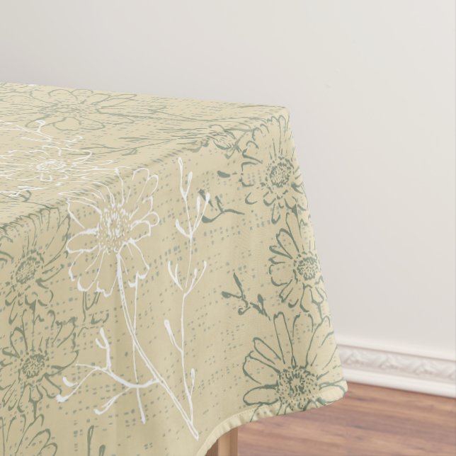  Rustic Sage Green Daisies on beige background Tablecloth (In Situ)