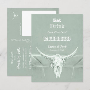 Rustic Sage Green Eat Drink Married Bull Skull Announcement Postcard