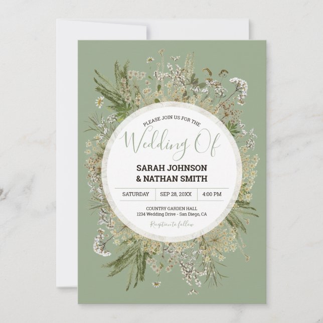 Rustic Sage Green Faux Pressed Flowers Wedding Invitation (Front)