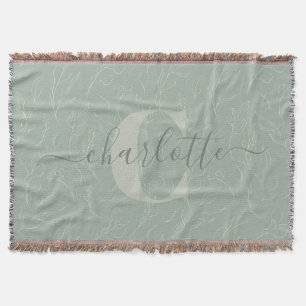 Rustic Sage Green Floral Pattern Personalized Name Throw Blanket