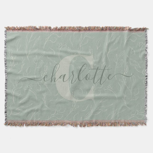 Rustic Sage Green Floral Pattern Personalized Name Throw Blanket (Front)