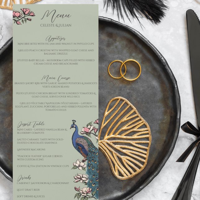 Rustic Sage Green Floral Peacock Bird Wedding Menu (Rustic Sage Green Peacock Chinoiserie Wedding Menu for Wedding, Bridal Shower, Rehearsal Dinner.)