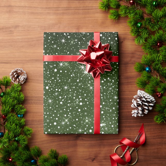 Rustic Sage Green & Galaxy Stars Falling Snow Wrapping Paper (Holiday Gift)