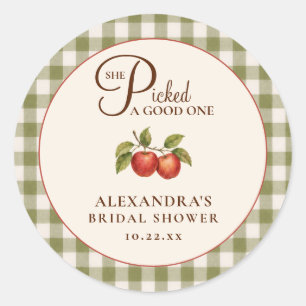 Rustic Sage Green Gingham Apple Bridal Shower Classic Round Sticker