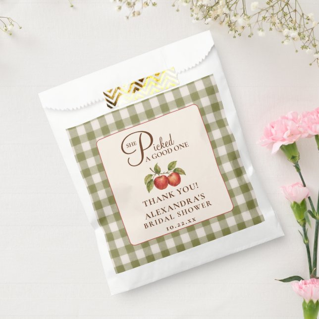 Rustic Sage Green Gingham Apple Bridal Shower Favour Bag (Sealed)