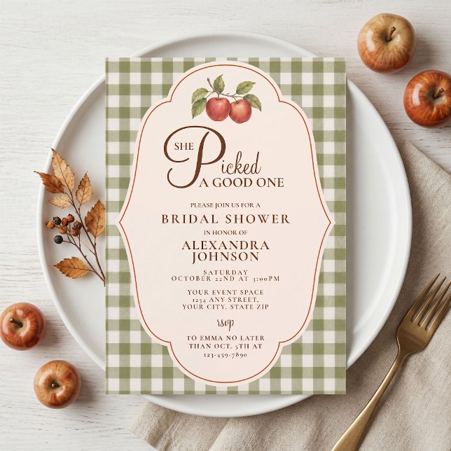 Rustic Sage Green Gingham Apple Bridal Shower Invitation (Creator Uploaded)