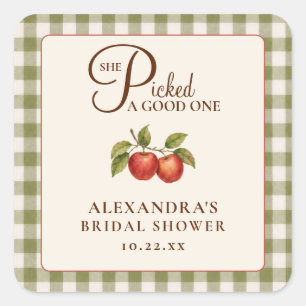 Rustic Sage Green Gingham Apple Bridal Shower Square Sticker