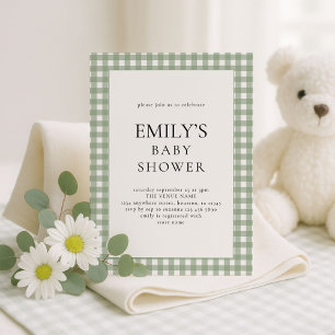 Rustic Sage Green Gingham Baby Shower  Invitation