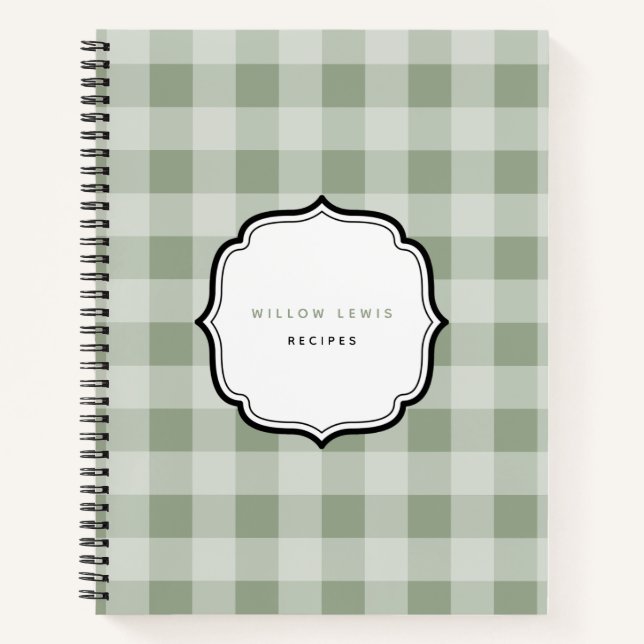 Rustic Sage Green Gingham Plaid Pattern Recipe Notebook (Front)