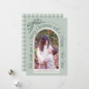 Rustic Sage Green Ivory Bow Photo Holiday Card