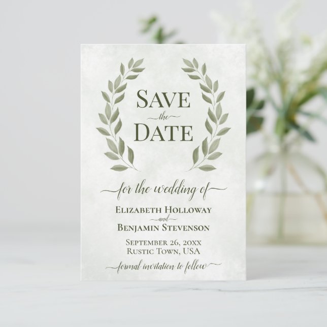 Rustic Sage Green Laurel Leaves Elegant Wedding Save The Date (Standing Front)