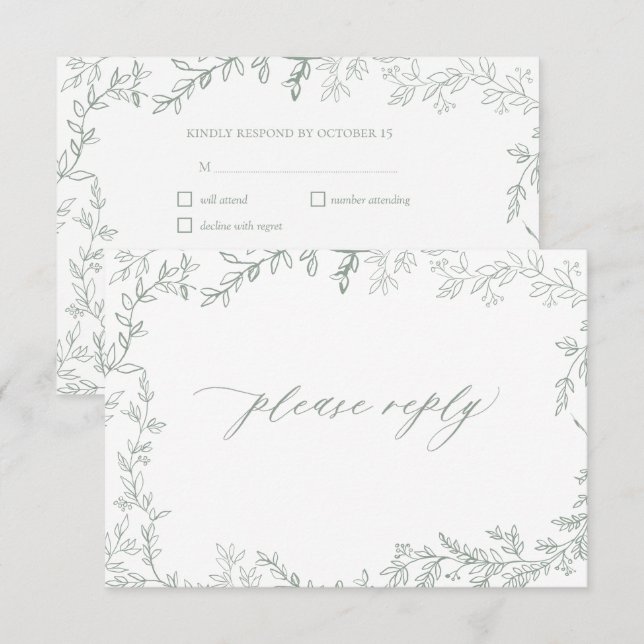 Rustic Sage Green Leafy Frame Wedding RSVP Card (Front/Back)