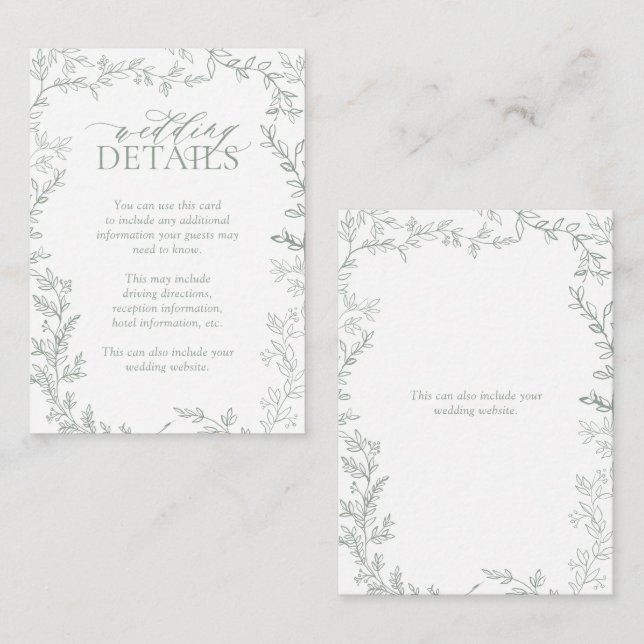 Rustic Sage Green Leafy Wedding Details Enclosure  (Front/Back)
