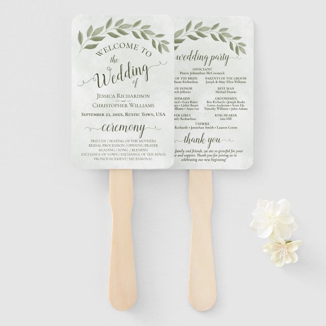 Rustic Sage Green Leaves Elegant Wedding Program Hand Fan (Front and Back)