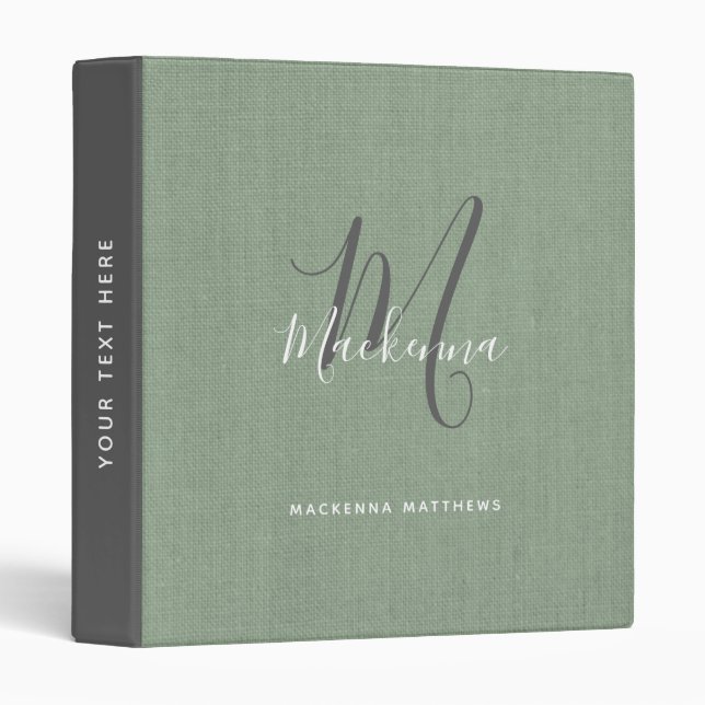 Rustic Sage Green Modern Monogram Script Linen Binder (Front/Spine)