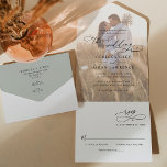 Rustic Sage Green Modern Photo Wedding All In One Invitation<br><div class="desc">This elegant All-In-One Wedding Invitation features a sweeping script calligraphy text paired with a classy serif & modern sans font in black,  with a photo overlay on the front and a customizable monogram on the back. Matching items available.</div>