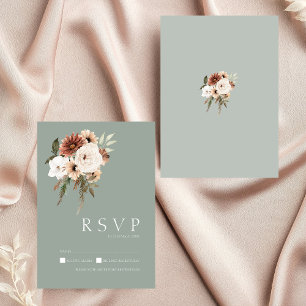 Rustic Sage Green Peach Floral Wedding RSVP Card