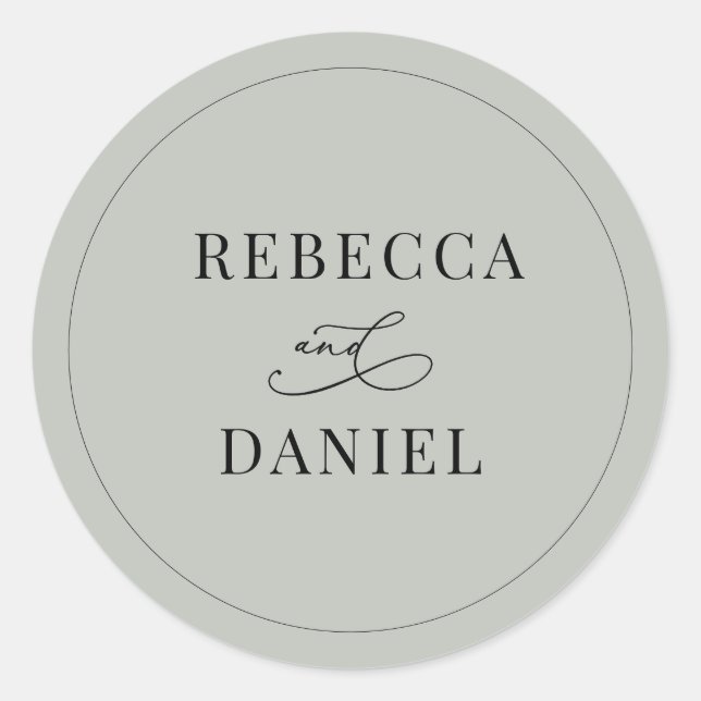 Rustic Sage Green Personalized Names Wedding Classic Round Sticker (Front)
