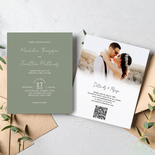 Rustic Sage Green Photo Budget Wedding QR Code (Creator Uploaded)