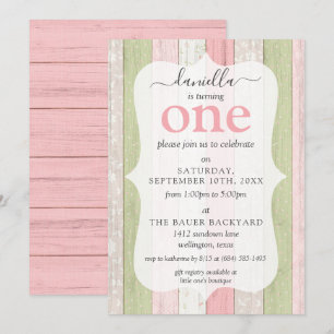 Rustic Sage Green & Pink Floral Wood 1st Birthday  Invitation
