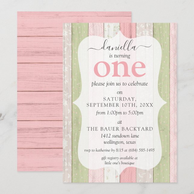 Rustic Sage Green & Pink Floral Wood 1st Birthday  Invitation (Front/Back)