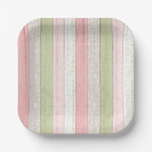 Rustic Sage Green & Pink Floral Wood Cottage Chic Paper Plate