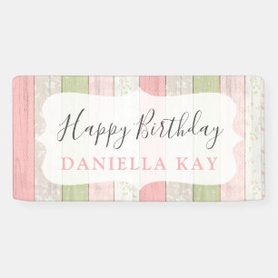 Rustic Sage Green Pink Floral Wood Happy Birthday Banner