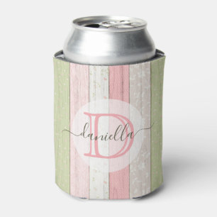 Rustic Sage Green & Pink Floral Wood Personalized Can Cooler