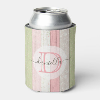 Rustic Sage Green & Pink Floral Wood Personalized Can Cooler