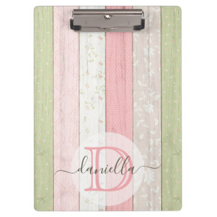 Rustic Sage Green & Pink Floral Wood Personalized Clipboard