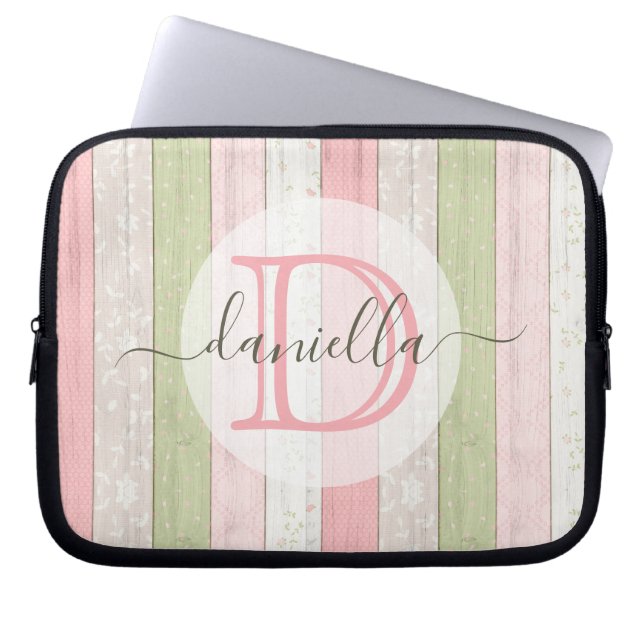 Rustic Sage Green & Pink Floral Wood Personalized Laptop Sleeve (Front)