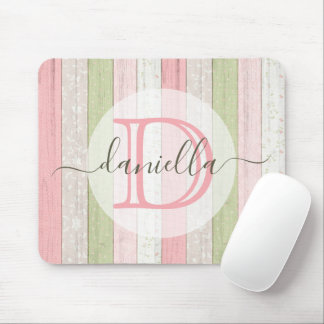 Rustic Sage Green & Pink Floral Wood Personalized Mouse Pad