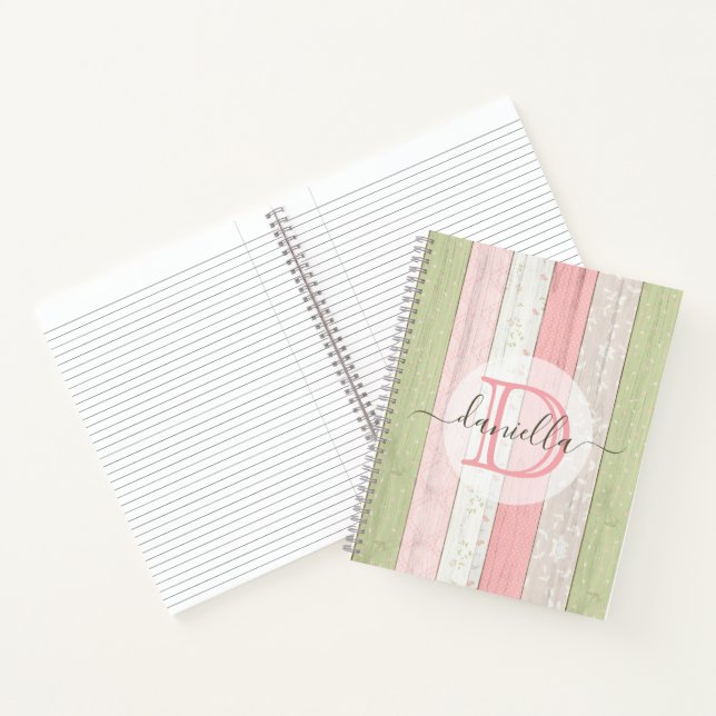 Rustic Sage Green & Pink Floral Wood Personalized Notebook (Inside)