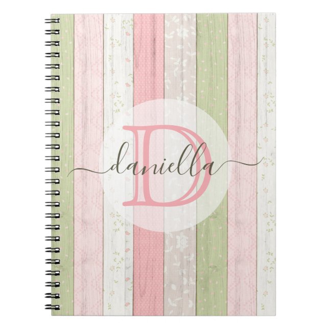Rustic Sage Green & Pink Floral Wood Personalized Notebook (Front)