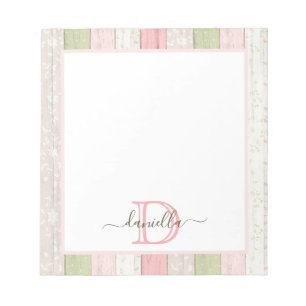 Rustic Sage Green & Pink Floral Wood Personalized Notepad