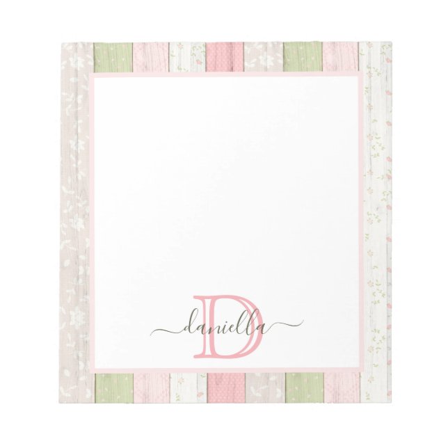 Rustic Sage Green & Pink Floral Wood Personalized Notepad (Front)