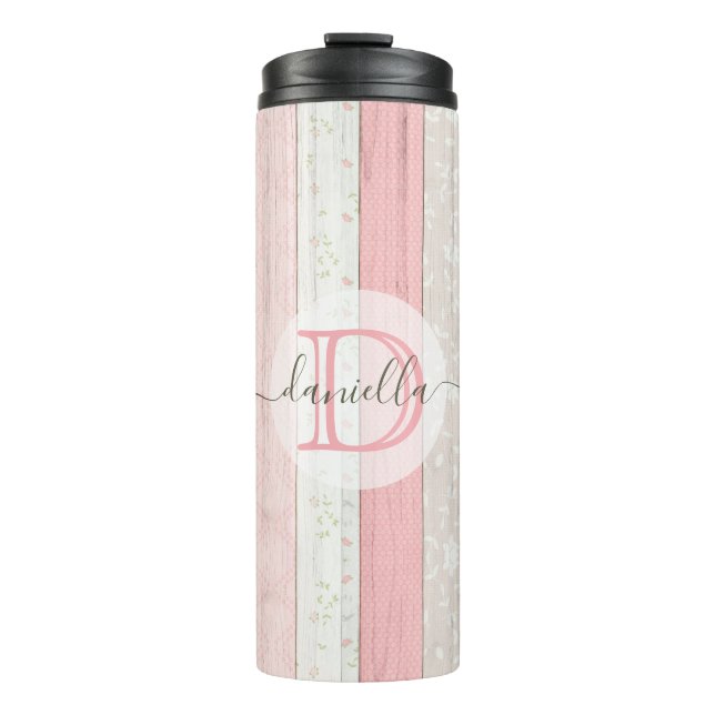 Rustic Sage Green & Pink Floral Wood Personalized Thermal Tumbler (Front)