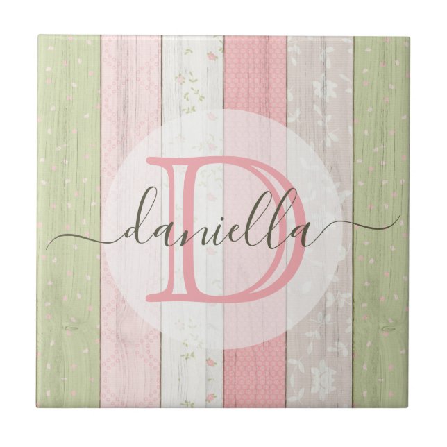 Rustic Sage Green & Pink Floral Wood Personalized Tile (Front)