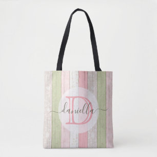 Rustic Sage Green & Pink Floral Wood Personalized Tote Bag