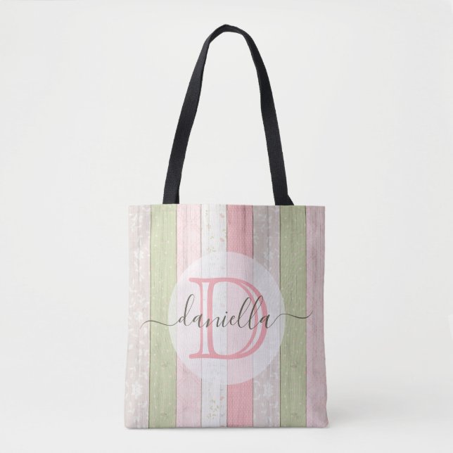 Rustic Sage Green & Pink Floral Wood Personalized Tote Bag (Front)