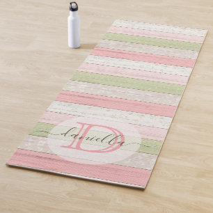 Rustic Sage Green & Pink Floral Wood Personalized Yoga Mat