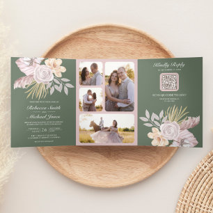 Rustic Sage Green Rose Pink Floral QR Code Wedding Tri-Fold Invitation
