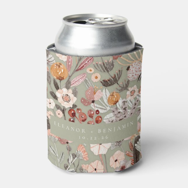 Rustic Sage Green Taupe Floral Boho Custom Wedding Can Cooler (Can Front)